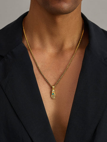 Nialaya Women's Necklace Men's Hand Pendant with a Small Turquoise Gemstone in Gold Men's Hand Pendant with a Small Turquoise Gemstone in Gold